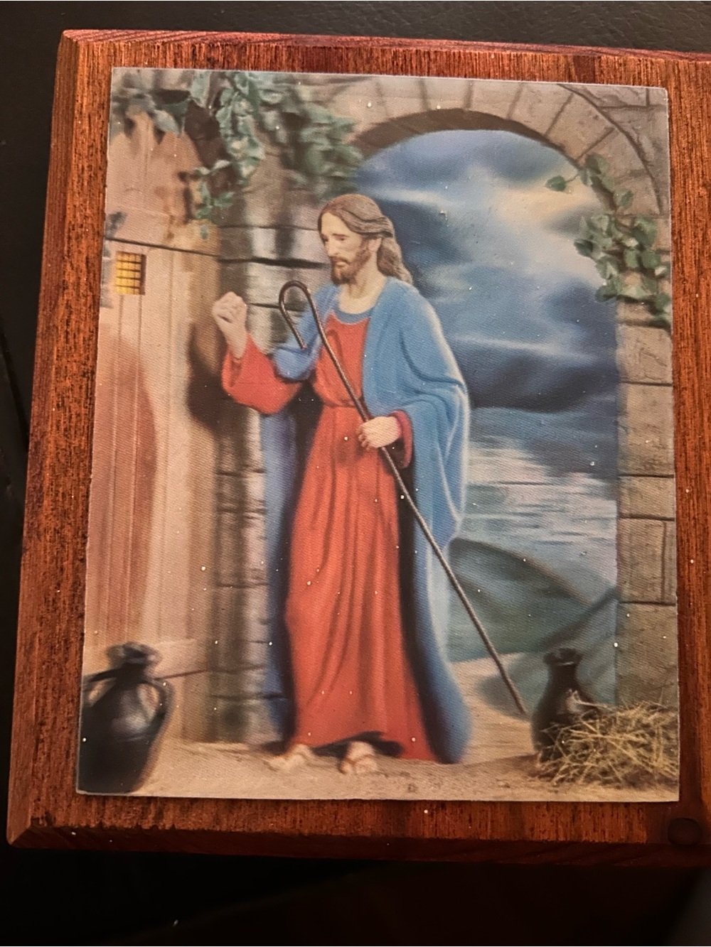 Vintage 1960s/1970s 3D Lenticular Jesus "Knocking at the Door" Wood Wall Plaque